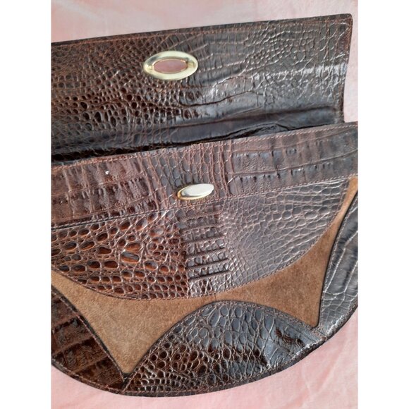 vintage Italian Leather Handbag Bag Brown Faux Croc Embossed Suede Top Handle - Picture 8 of 12